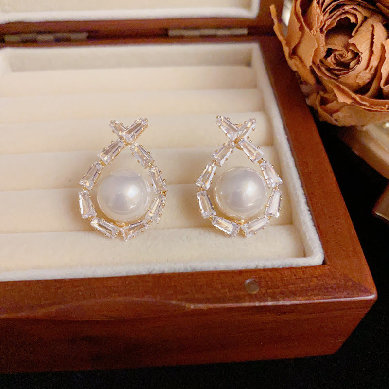 Luxury Zircon Crossed Pearl Droplet Earrings – Elegant Design