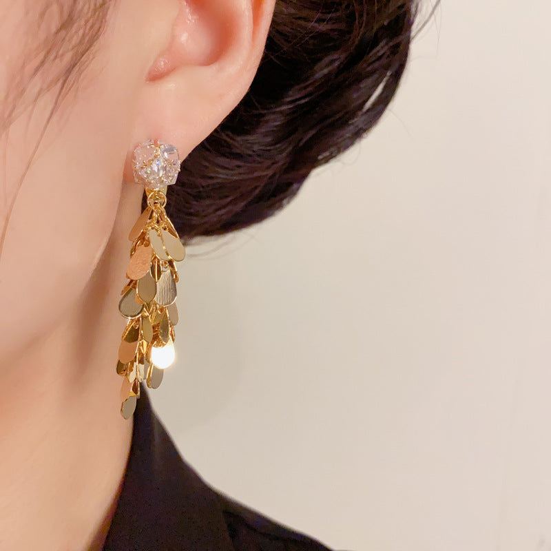 Luxury Square Zircon Metal Teardrop Tassel Earrings – Elegant Design