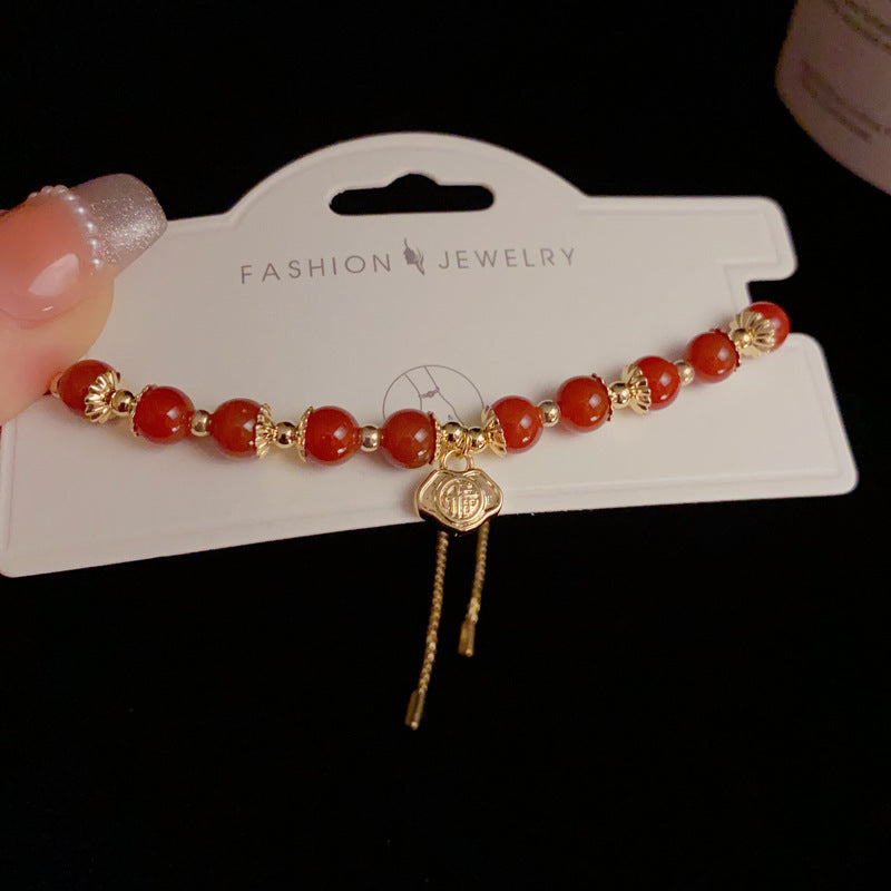 14K Gold-Plated Red Beaded 福 Bracelet - Festive Minimalist Design