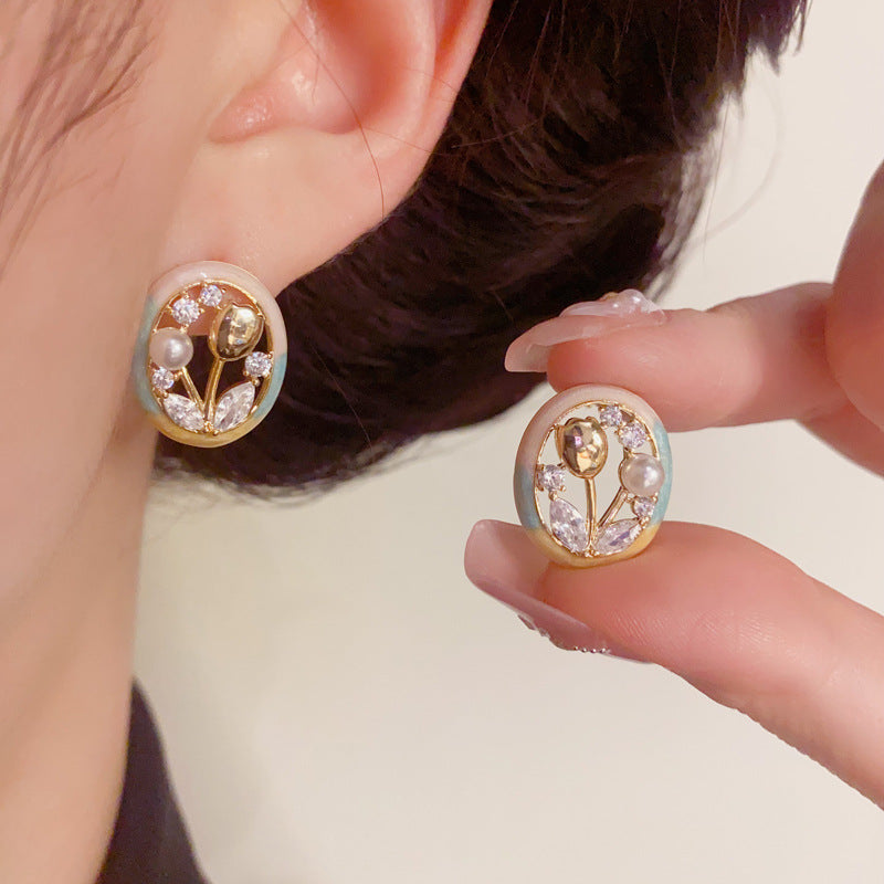 Sweet Enamel Round Tulip & Pearl Stud Earrings – S925 Silver Needle