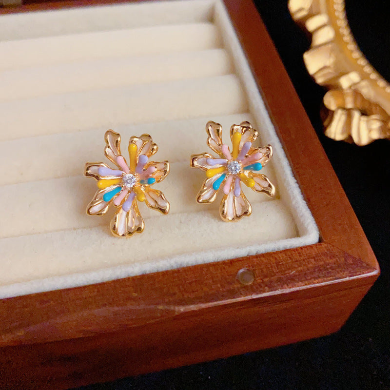 Elegant Colorful Enamel 18K Gold Firework Stud Earrings– Floral Design