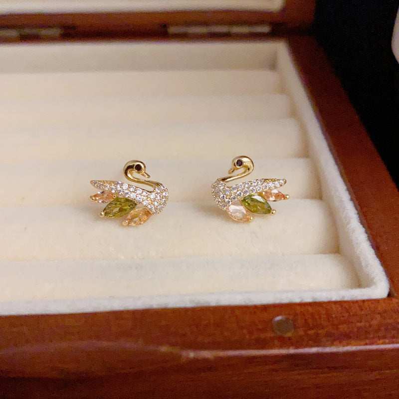14K Gold Colorful Crystal Swan Stud Earrings – Dainty Animal Design