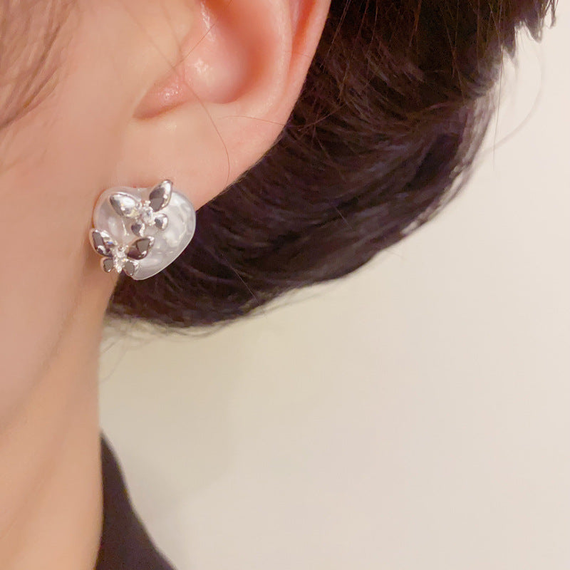 Elegant Thick Silver Butterfly & Heart Stud Earrings – Silver Needle