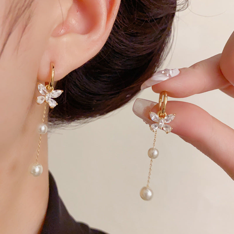 Luxury Zircon Butterfly Pearl Tassel Earrings – Elegant Design