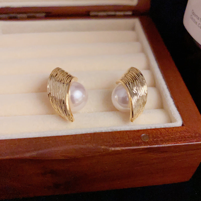 14K Gold Pearl Wrapped Hoop Stud Earrings – Elegant Minimalist Design