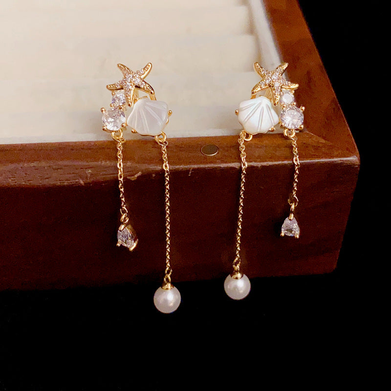 14K Gold-Plated Starfish Shell Zircon Tassel Earrings – Sweet Design