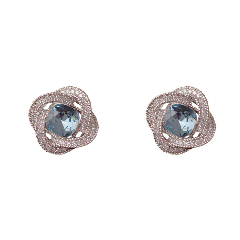 Luxury Zircon Halo Blue Diamond Stud Earrings – French Elegant Design