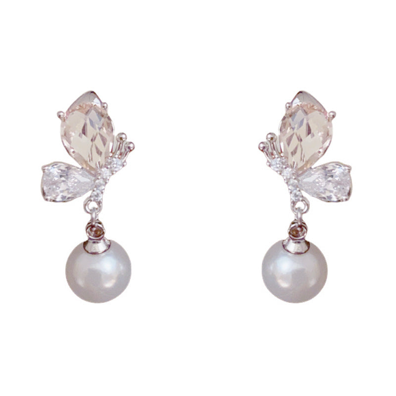 Luxury Butterfly & Pearl Tassel Drop Earrings – S925 Silver Needle