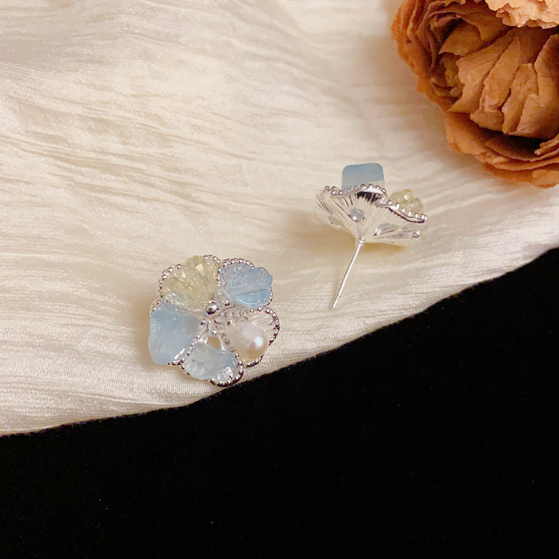Luxury Gradient Crystal & Pearl Petal Stud Earrings –S925Silver Needle