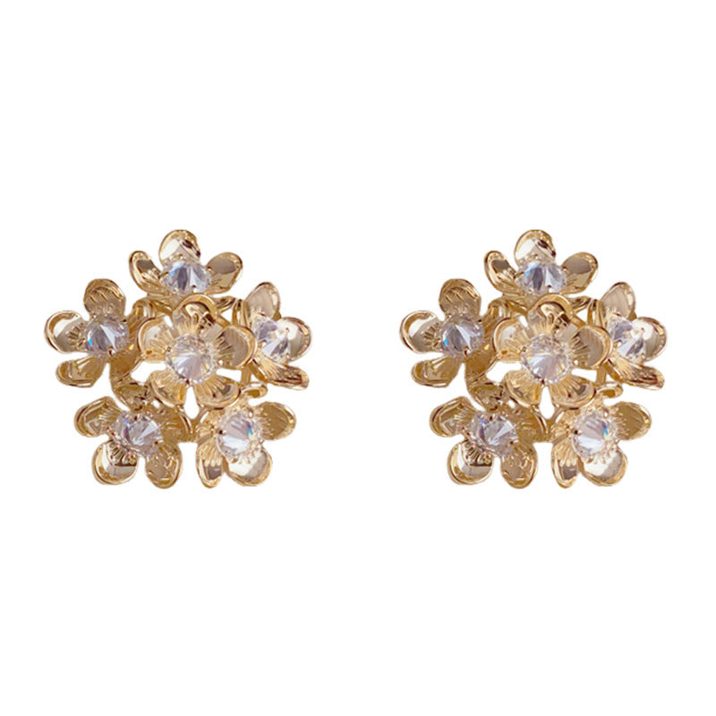 Elegant Zircon Metal Petal Stud Earrings – Silver Needle Floral Design