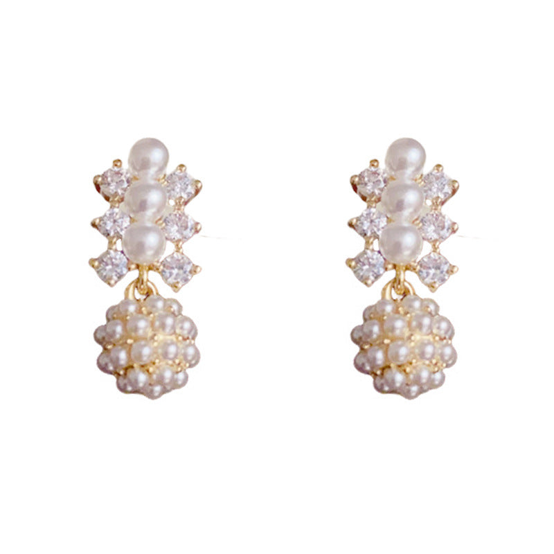 14K Gold Minimalist Zircon & Pearl Ball Stud Earrings – Elegant Design