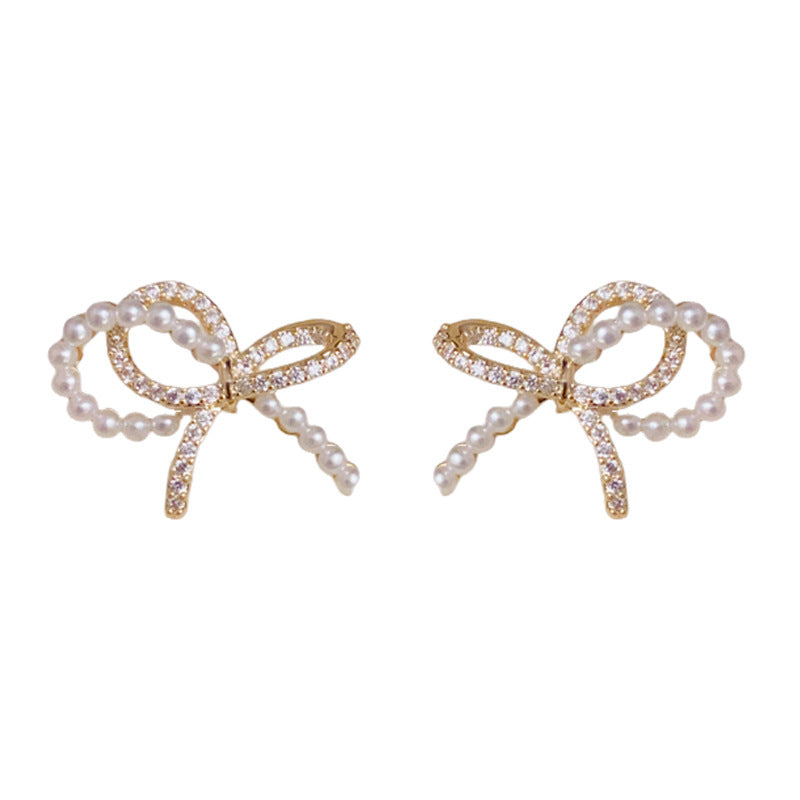 14K Gold-Plated Zircon Pearl Bow Earrings – Sweet Elegant Design