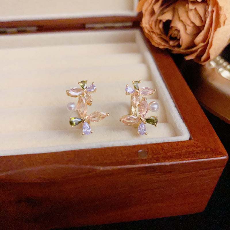 14K Gold Colorful Zircon Butterfly & Pearl Earrings – Elegant Design