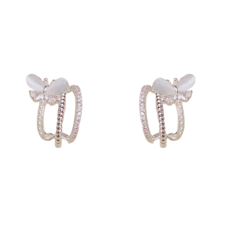 Zircon Butterfly Multi-Layer Arc Stud Earrings – S925 Silver Needle