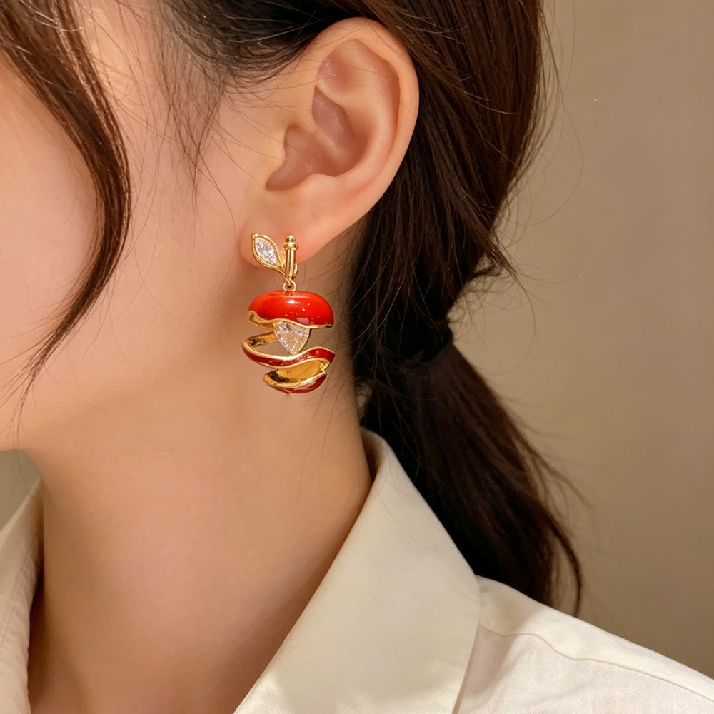 Eaioncol Apple Heart CZ Drop Earrings 14K Gold Plated