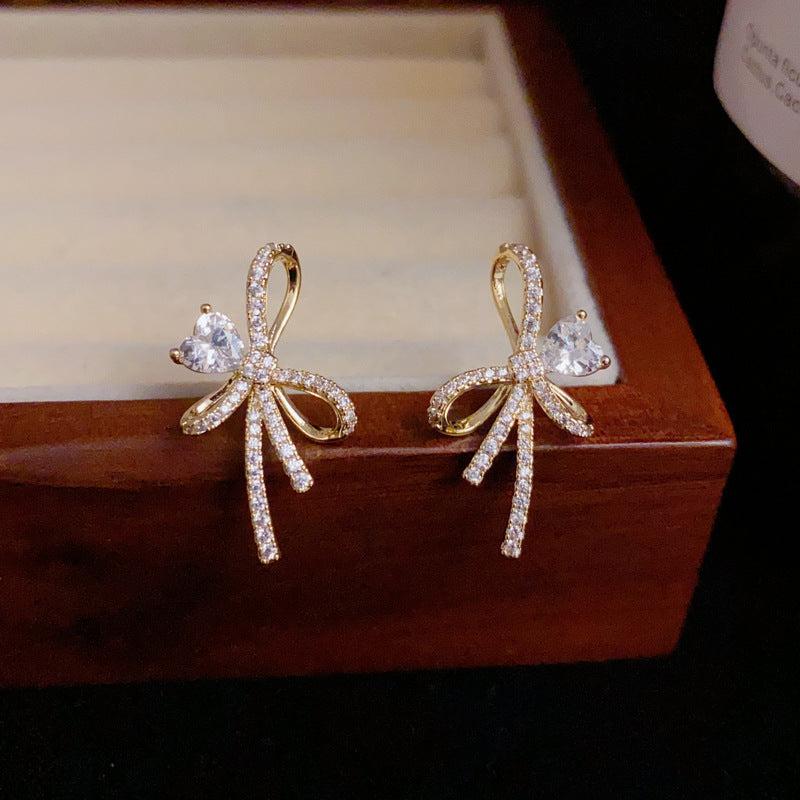 14K Gold-Plated Zircon Bowknot Stud Earrings – Elegant Design
