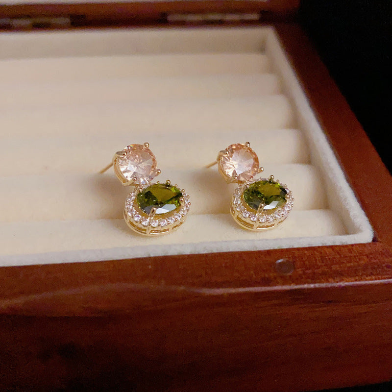 14K Gold-Plated Zircon Olive Green Round Earrings - Elegant Design