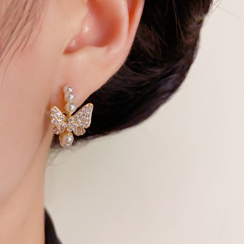 Luxury Zircon Butterfly & Pearl C-Shaped Hoop Earrings– Elegant Design