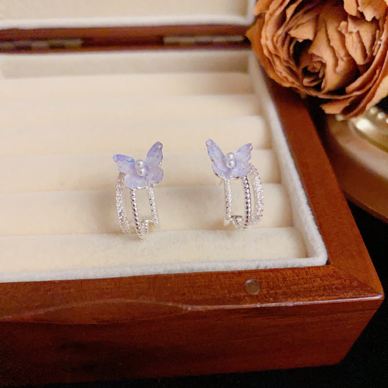 14K Gold Zircon & Pearl Purple Butterfly Hoop Earrings– Elegant Design