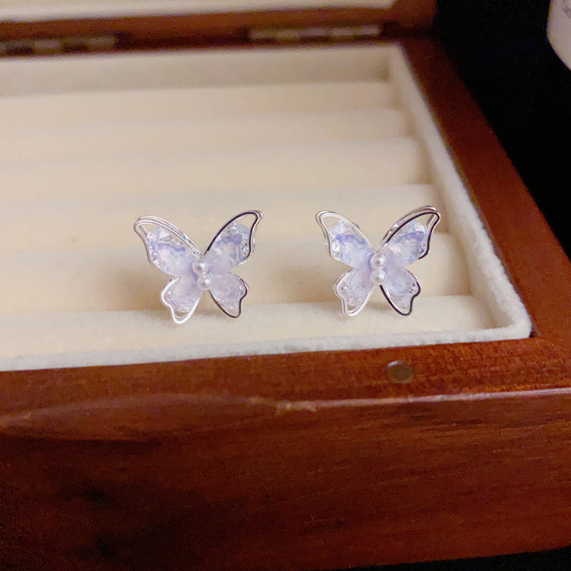 Silver-Plated Purple Pearl Butterfly Stud Earrings – Sweet Design