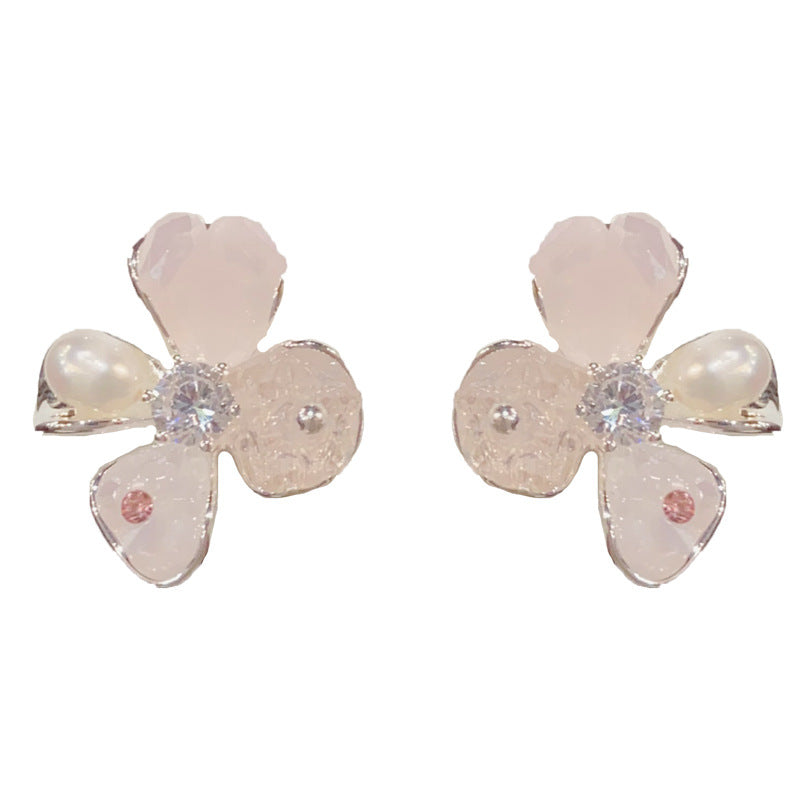Eaioncol Crystal Freshwater Pearl Floral Stud Earrings Silver