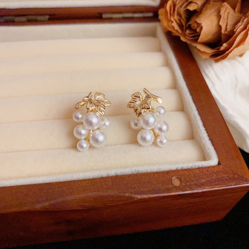 Elegant Pearl Grape Stud Gold Earrings – Fruit-Inspired Design