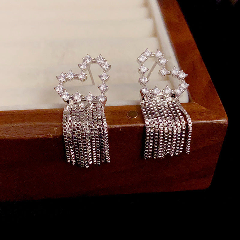 14K Gold-Plated Zircon Heart Tassel Earrings – Elegant Sparkle Design