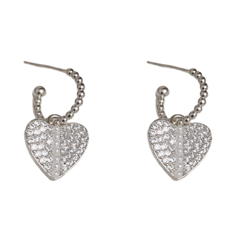 14K Gold Full Zircon Pearl Heart Earrings – Elegant Romantic Design