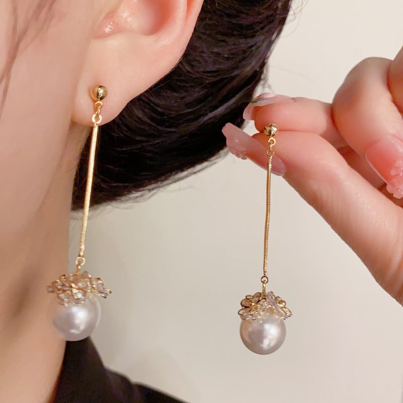 14K Gold-Plated Zircon Flower Pearl Tassel Earrings – Elegant Design