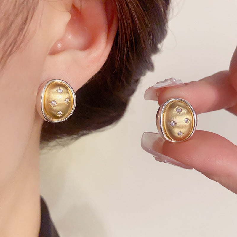 14K Gold-Plated Color-Block Star Oval Stud Earrings -Retro Chic Design