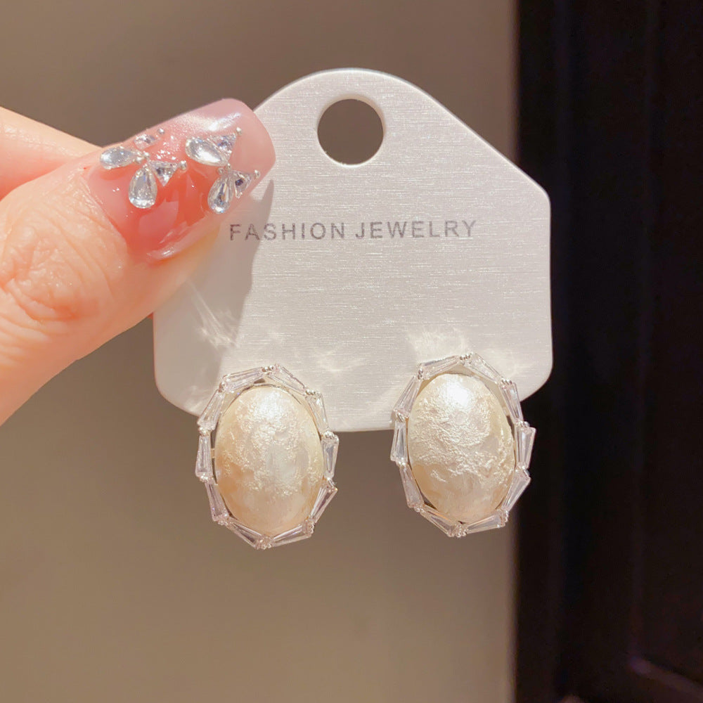 Eaioncol CZ Halo Oval Pearl Stud Earrings Gold Silver