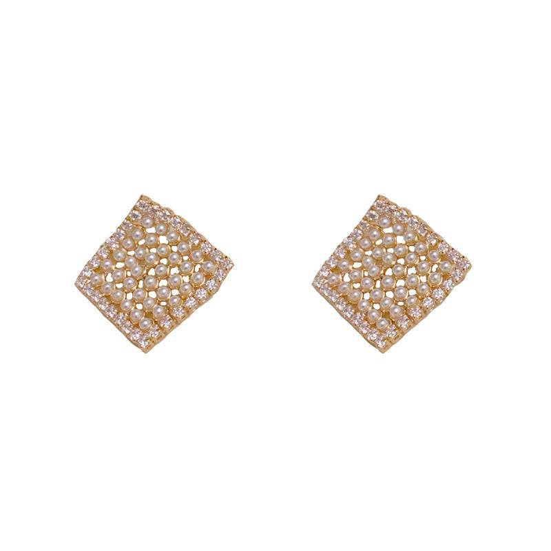 14K Gold-Plated Diamond Pearl Square Stud Earrings - Elegant & Chic