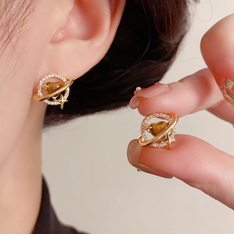 Elegant-tigers-eye-heart-planet-stud-earrings-minimalist-design