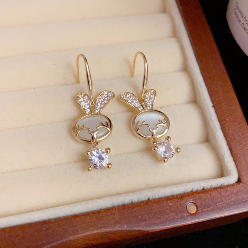 14K Gold-Plated Zircon Cat Eye Rabbit Earrings- Chic Elegance Design