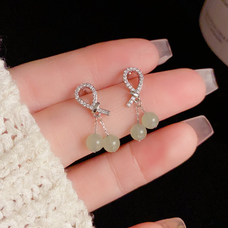 14K Gold-Plated Zircon Knot Green Bead Drop Earrings – Elegant Design