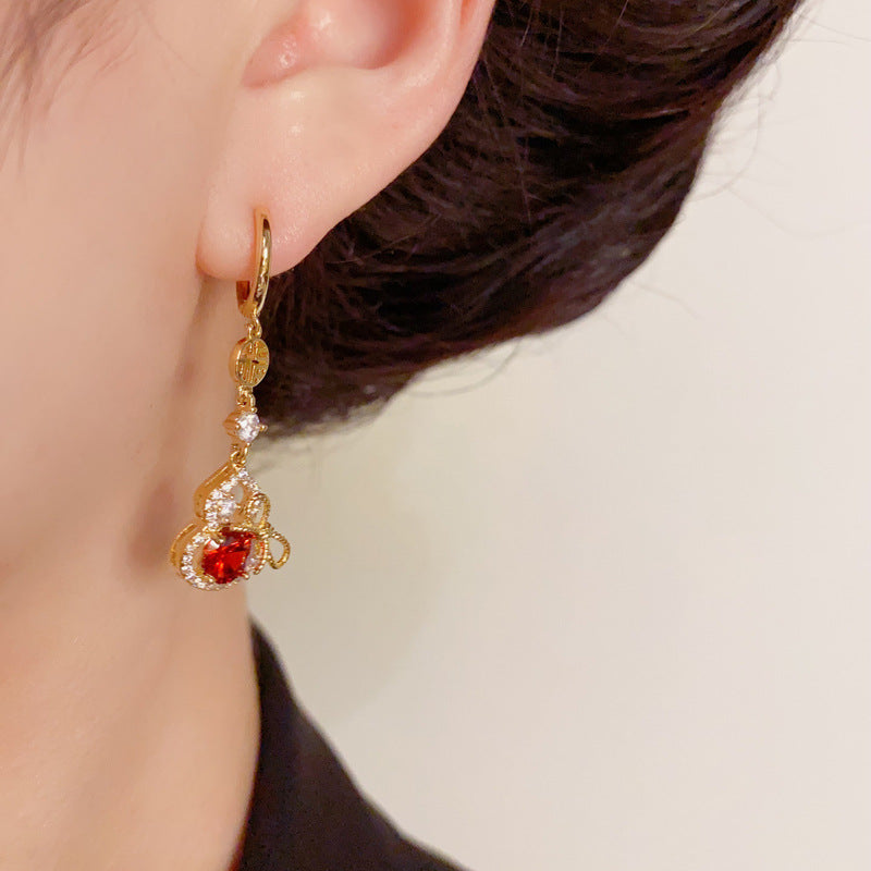 Elegant Zircon Gourd & Bow Tassel Earrings – Floral Design