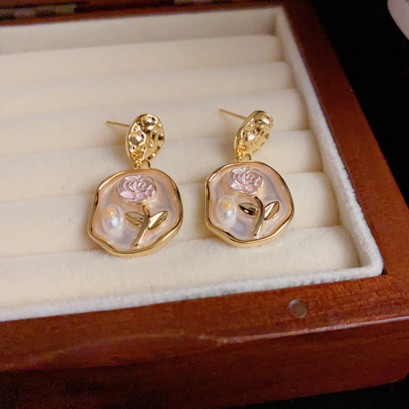 14K Gold Irregular Geometric Rose Drop Earrings– Elegant Vintage Style