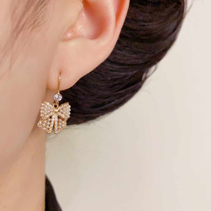 14K Gold-Plated Pearl Bowknot Hook Earrings – Elegant Chic Design