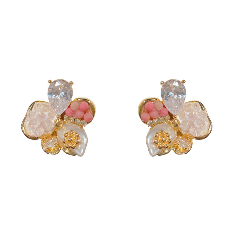 14K Gold Zircon Pearl 5 Petal Flower Stud Earrings-Chic Elegant Design