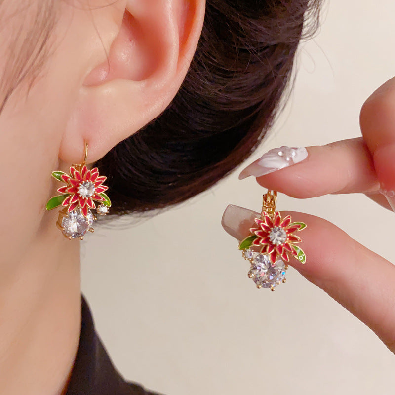 Elegant Red Daisy Zircon Ear Cuff Earrings – Floral Design
