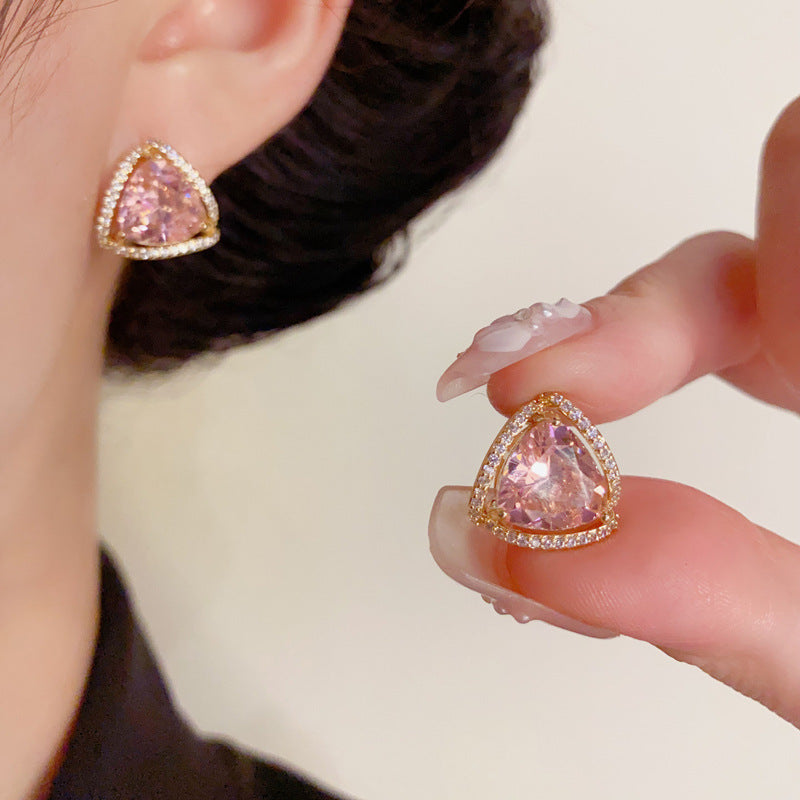 Elegant Full-Zircon Triangle Stud Gold Earrings – Geometric Design