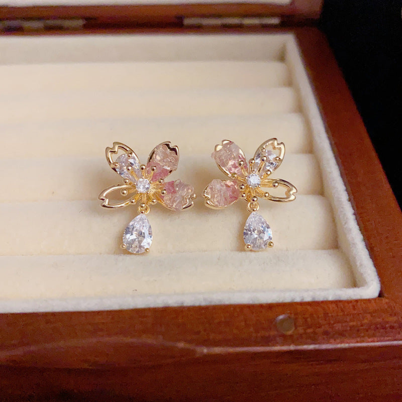 14K Gold Pink Crystal Flower Petal Drop Earrings – Sweet & Elegant