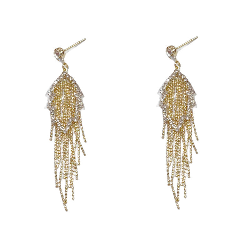 14K Gold Luxury Hollow Leaf Tassel Drop Earrings – Elegant Design