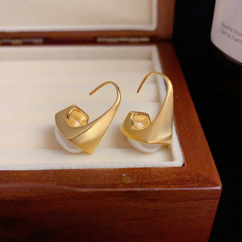 14K Gold-Plated Brushed Metal Handbag Pearl Hook Earrings- Chic Design