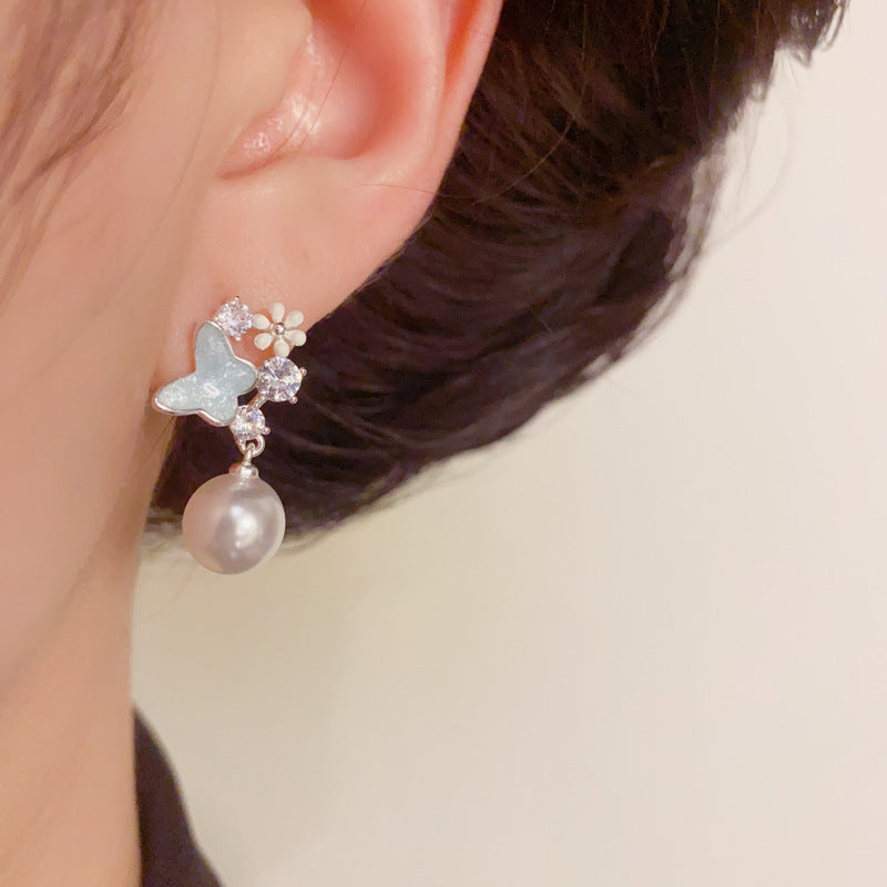 Silver Blue Enamel Butterfly & Pearl Drop Earrings – Elegant Design