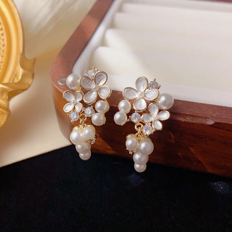 Luxury Zircon Petal Pearl Tassel Drop Earrings – Floral Design