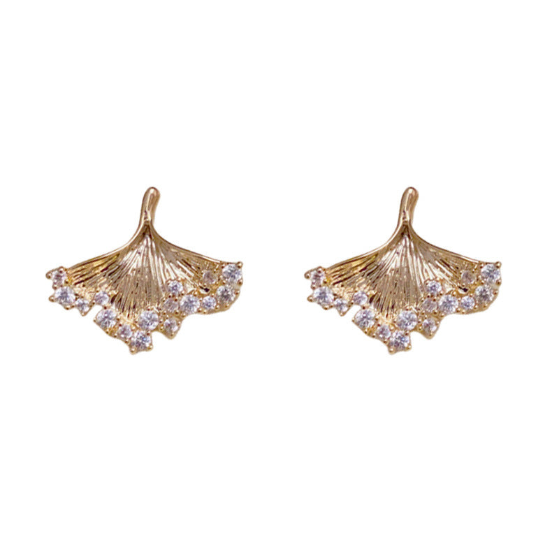 14K Gold Luxury Zircon Ginkgo Leaf Stud Earrings – Elegant Design
