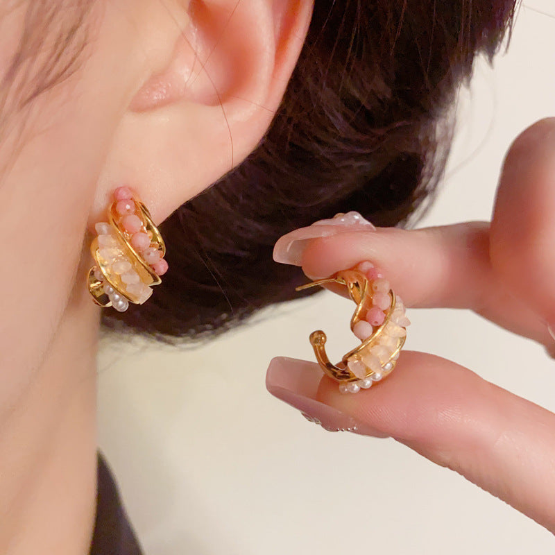 Minimalist Crystal & Pearl Spiral Hoop Earrings – S925 Silver Needle