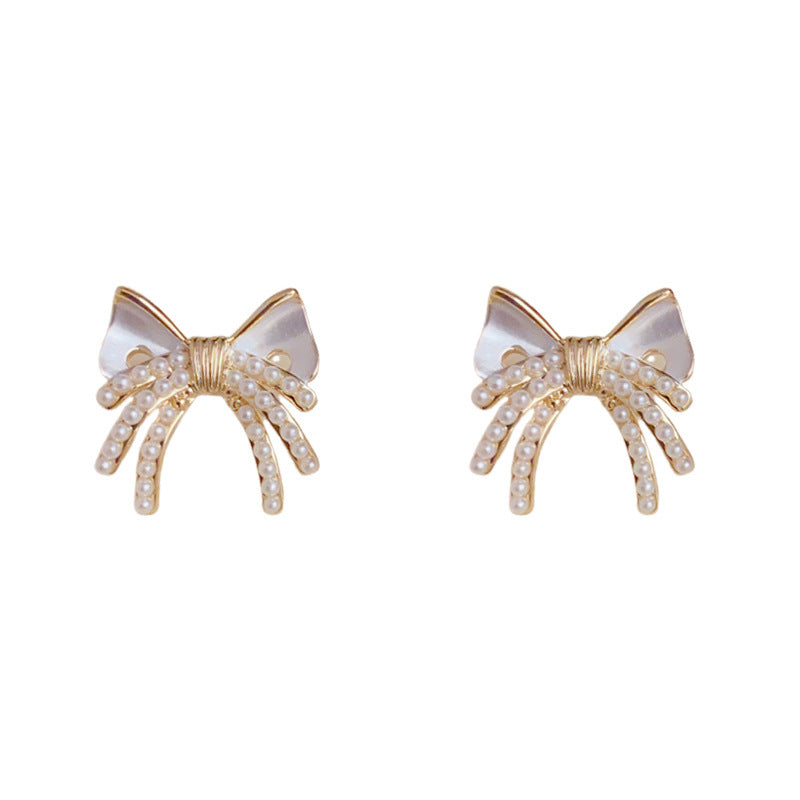 Luxury Pearl & Bow Stud Gold Earrings – Elegant Design