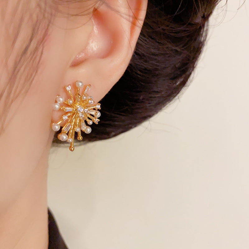 Elegant Pearl & Zircon Firework Stud Earrings – Silver Needle Design